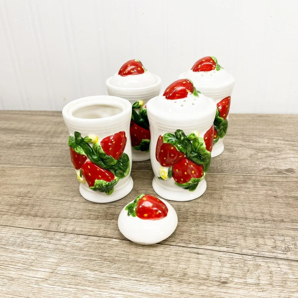 Vintage Ceramic Strawberry Spice Jar Set and Salt and Pepper Shakers